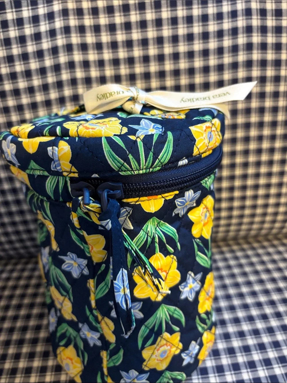 Vera Bradley Quilted Cylinder Cosmetic Case - Navy with Yellow Floral